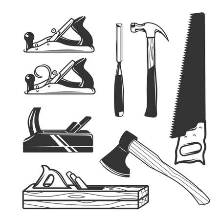 Carpentry tools. Logo templates. Black and white objects.のイラスト素材