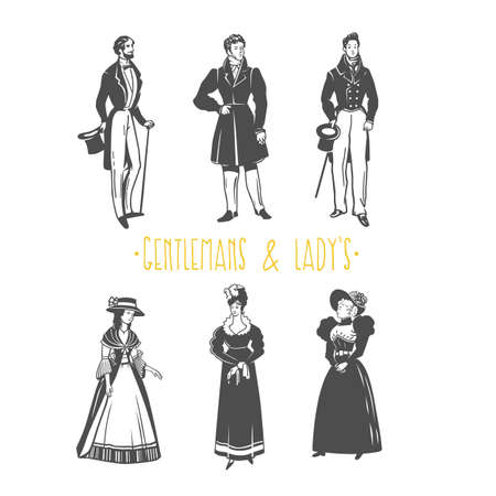 Vintage lady and gentleman style  illustration. Black and white vector objectsのイラスト素材