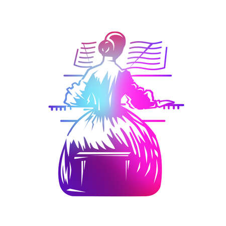 Girl playing piano - background for a musical concert. Vector graphic illustration.のイラスト素材