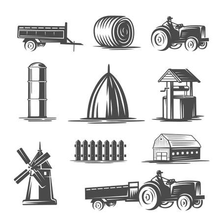 Farm collection. Black and white vector illustration.のイラスト素材