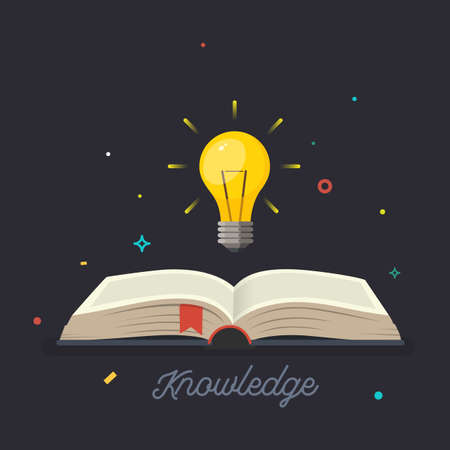Knowledge. Open book with shining bulb flying out. Vector illustration.のイラスト素材