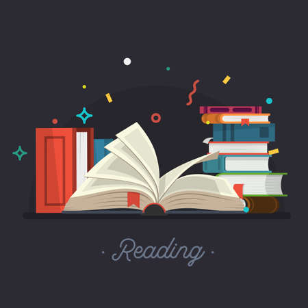 Reading. Vector illustration, stack of books in a flat style. Vector illustration.のイラスト素材