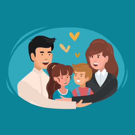 Mom and dad hugging their son. Happy parents and child in loving family. Cute cartoon characters vector illustrationのイラスト素材