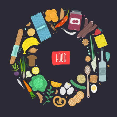 Paleo food circle concept. Healthy diet illustraion made in handdrawn rough style. Fish, eggs, vegetables, fruits, meat and seafood arranged in a circle.のイラスト素材