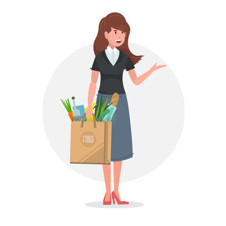 Young woman carrying a paper food bag full of groceries. Vector illustration.のイラスト素材