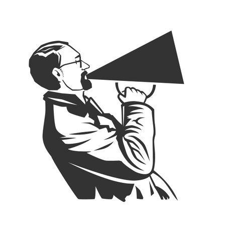 Man speaking in megaphone. Vector illustration. Black and white vector object.のイラスト素材