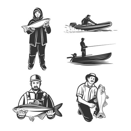 Monochrome illustration with a fisherman for design on a fishing theme.のイラスト素材