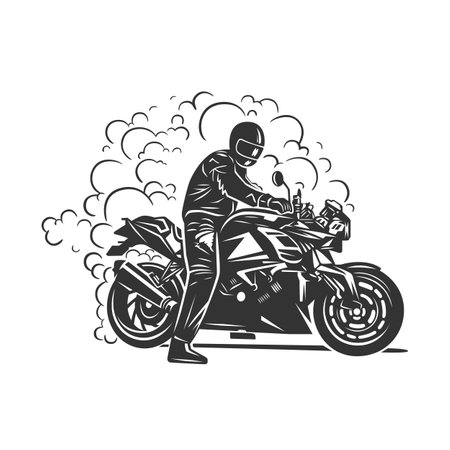 Biker club vintage label. Racing motorcycle illustration, design elements. Black and white vector illustration.のイラスト素材