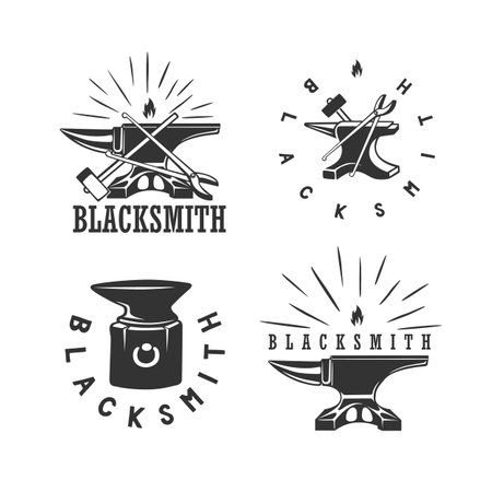 Set of vintage blacksmith labels and design elements. Vector illustration. Black and white vector object.のイラスト素材
