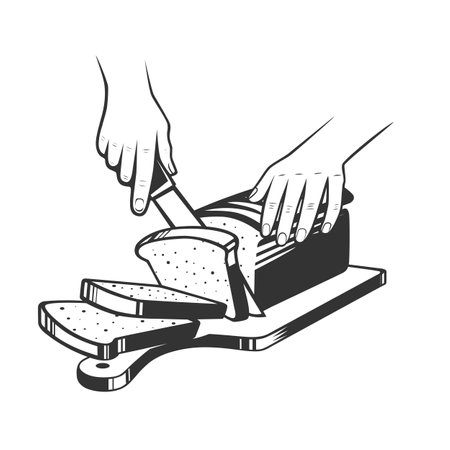Cutting bread into slice with knife. Cooking toast for breakfast. Bread on the cutting board. Vector illustration. Black and white vector objects.のイラスト素材