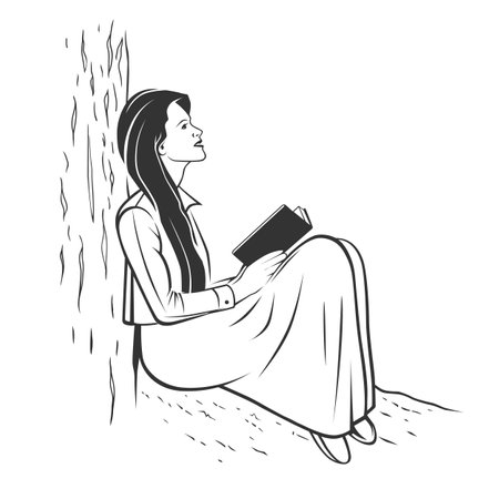 Monochrome illustrations of girls reading, hiding their faces behind their books - empty books to add your own text.のイラスト素材