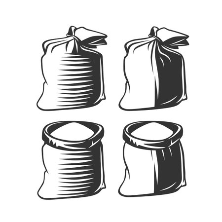 Bag of wheat flour and grains. Black and white vector objects.のイラスト素材