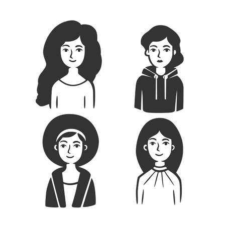 Set of different types of women. Vector illustration. Black and white vector objects.のイラスト素材
