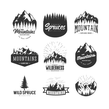 Monochrome illustrations with a mountains on a white background.のイラスト素材