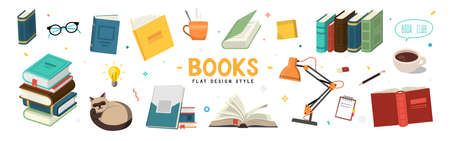 Set of color illustrations with books on white background.のイラスト素材