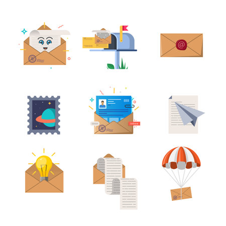Set of color illustrations on letters and envelopes themes on white background.のイラスト素材
