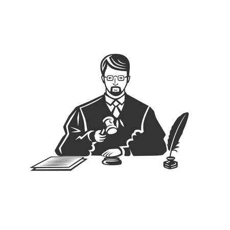The sitting judge makes a decision. Black and white illustration on white background.のイラスト素材