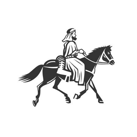 Horse rider. Traveler. A wanderer in ancient times. Illustration on white background.のイラスト素材