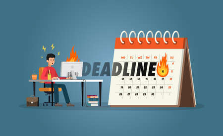 Deadline. Man at a computer desk on a calendar background with an approaching deadline date.のイラスト素材