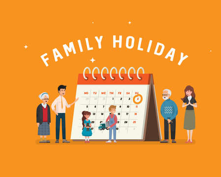 Family holiday. A poster depicting a large family on the background of the calendar. Family celebration.のイラスト素材