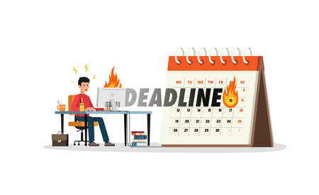Deadline. Man at a computer desk on a calendar background with an approaching deadline date.のイラスト素材