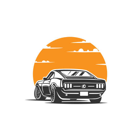 Illustration of a car against the background of the sun disk. design element.のイラスト素材