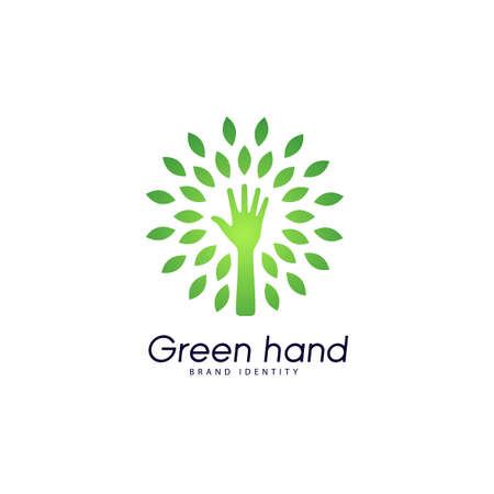 Hand emblem with leaves in the form of rays design element.のイラスト素材