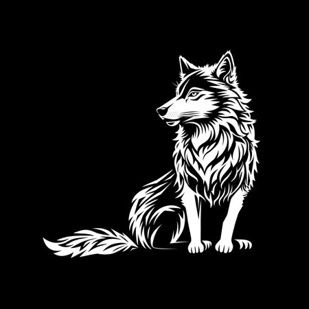 A wolf sits and looks away. Black and white illustration.のイラスト素材