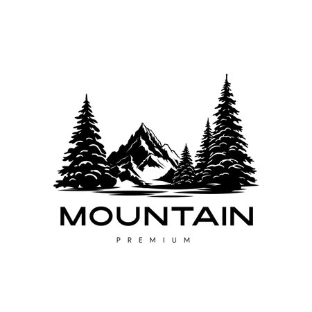 Monochrome illustration with a mountain emblem on a white background. Black-and-white illustration.のイラスト素材