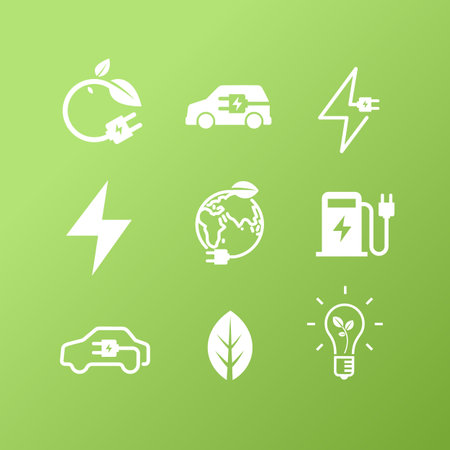 A set of icons on the topic of electric car charging. Green illustration. Environmentally friendly energy.のイラスト素材
