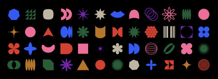 Abstract geometric shapes and grids. Composition of simple color geometric shapes on a black background.のイラスト素材
