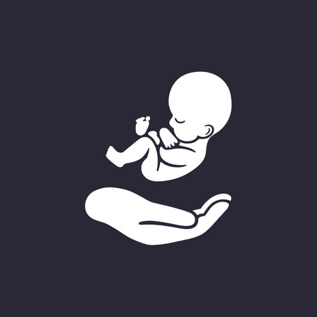 Emblem of infant hovering over mother's arm. Monochrome illustration.のイラスト素材