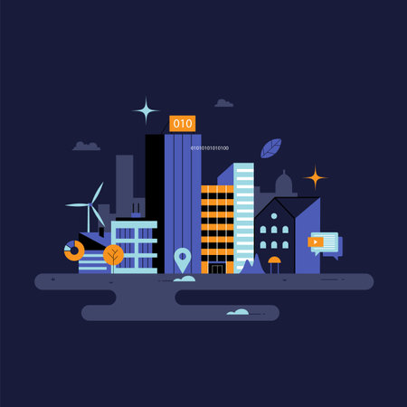 City landscape with buildings. Towers and buildings in modern flat style.のイラスト素材