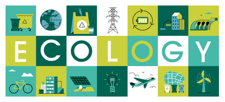 Color lettering of the word ecology with mosaic illustration on the theme of energy conservation.のイラスト素材