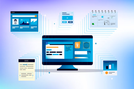 Computer in progress. Computer against a background of many open windows. Data set, process, classification, database. Company process development structure. Data Center concept based.のイラスト素材