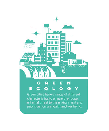 Monochrome vector art illustration of eco cityscape with alternative energy.のイラスト素材