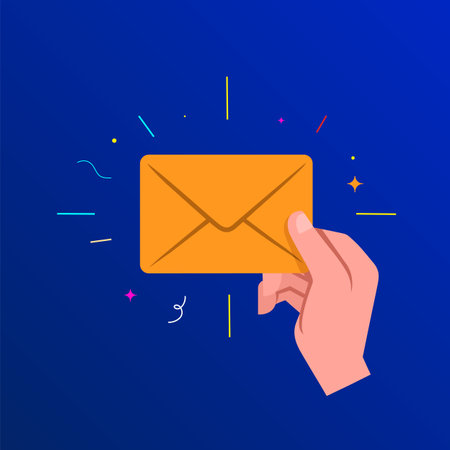 Envelope with letter in hand. Color illustration on a blue background.のイラスト素材