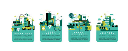 Set of color vector illustrations of eco-urban landscape with alternative energy.のイラスト素材