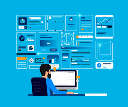 Working on a computer. Person in the process of work against the background of open digital windows with data.のイラスト素材