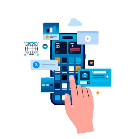 Working with data on your smartphone. Work with many data, applications and resources on your smartphone. Analyzing data. Digital space. User interface.のイラスト素材
