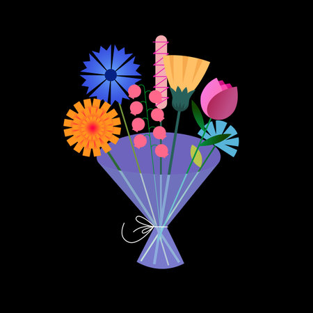 Bouquet of bright flowers in a package. Design template with bright colors geometric shape. Fresh...