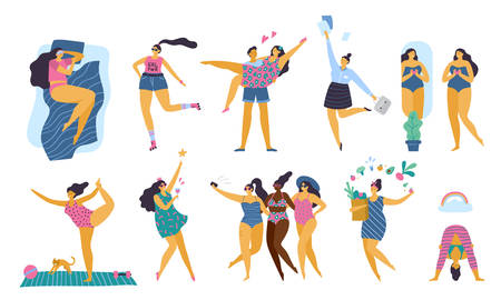 Happy body positive girls with healthy lifestyle doing yoga, sport, love and fun. Attractive plus size woman. Vector illustrationのイラスト素材