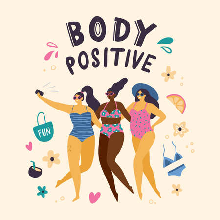 Happy body positive girls dressed in swimsuits making selfie. Attractive plus size woman. Vector illustrationのイラスト素材