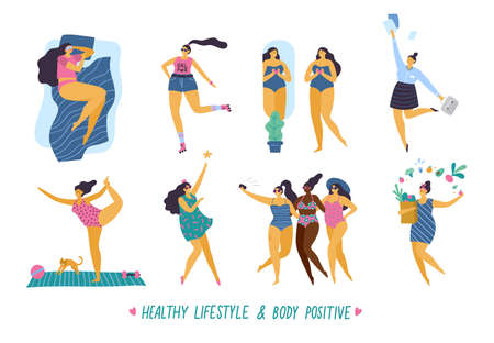 Happy body positive girls with healthy lifestyle in different pose: sleep, sport, love, work, yoga, party and health care. Attractive plus size woman. Vector illustrationのイラスト素材
