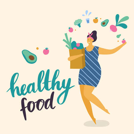 Body positive girl with healthy lifestyle shopping. Attractive plus size woman. Vector illustration can use for print, site, landing page or banner.のイラスト素材