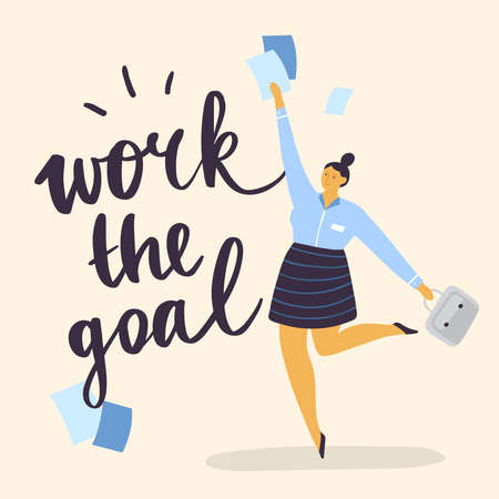 Happy plus size girl at work. Attractive body positive businesswoman can use for print, banner, site or landing page. Vector illustration.のイラスト素材