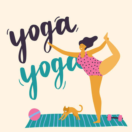 Body positive girl doing yoga. Plus size woman with healthy lifestyle. Vector illustration can use for print, site, landing page or banner.のイラスト素材