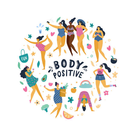 Happy body positive girls enjoy life. Attractive plus size woman doing yoga, sport, fun, love and other. Vector illustration.のイラスト素材