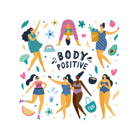 Happy body positive girls enjoy life. Attractive plus size woman doing yoga, fun, love, drinking wine, eat health foo and other. Vector illustration.のイラスト素材