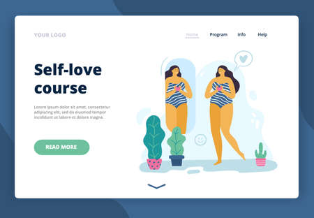 Happy body positive girl looks in the mirror. Attractive plus size woman enjoying life. Vector illustration for landing page, site or banner.のイラスト素材